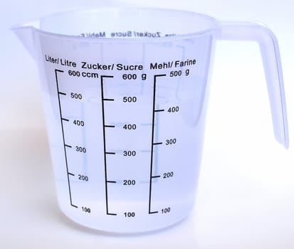 Measuring cup with metric scales for water, sugar and flour