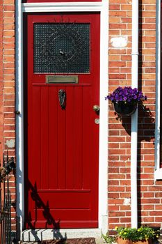 red door with decorations
