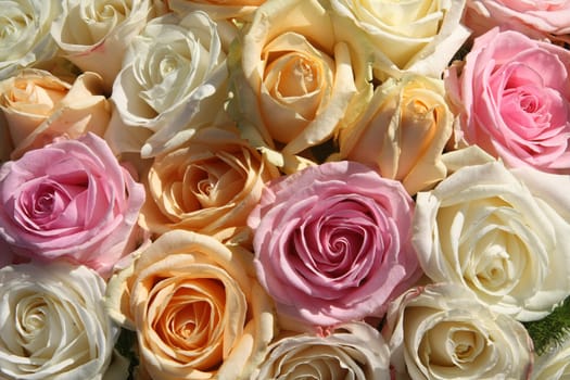 A floral arrangement made off big pastel orange, white and pink roses