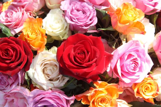 A floral arrangement made off big orange, white, pink and red roses in the sunlight