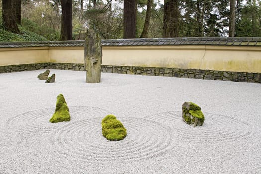Stone and Sand Garden at Portland Japanese Garden with Tiled Roof Wall