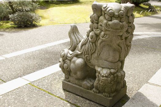 Stone Guardian Lion with Cub Sculpture at Portland Japanese Garden