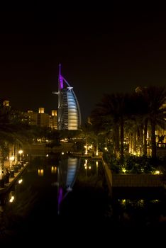 Night view of Burj Al Arab with colorfull illumination