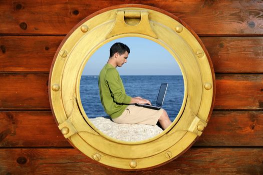 Businessman with computer on the beach, view from round boat window