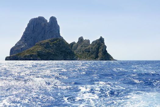 Ibiza mediterranean island blue seascape with rocks