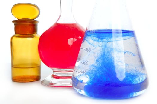 Chemist research laboratory with chemical colorful equipment over white