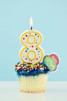 Birthday cupcake with a large number eight candle.