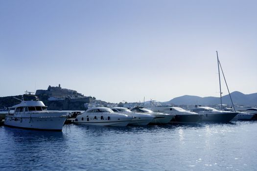 Ibiza landmark island in Mediterranean sea, blue harbor view