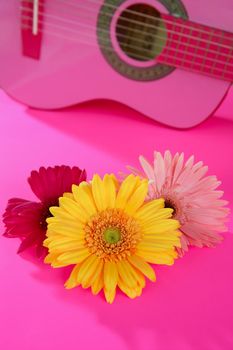 Hippie flower power yellow pink gerbera on guitar still music metaphor