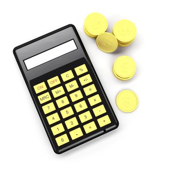 Black calculator with golden dollar coins isolated on a white background