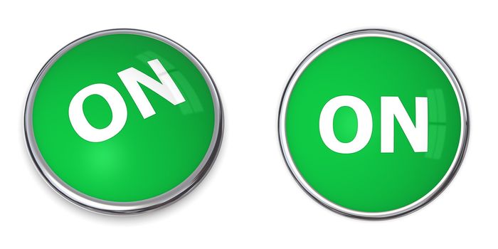 chrome brodered button with green background and word ON