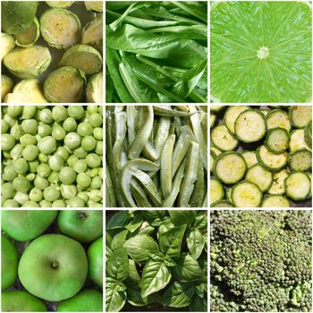 Food collage including 9 pictures of green vegetables