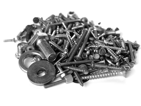 Industrial steel hardware bolts, nuts, screws isolated on white with copyspace