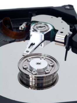 Detailed view of the inside of a hard disk drive (HDD)