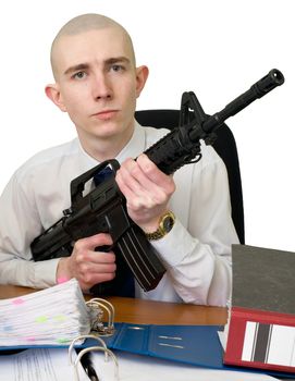 The chief accountant with a rifle in hands