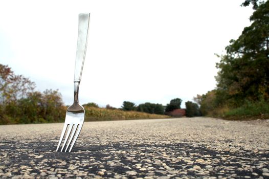 A fork stuck in the middle of the road.