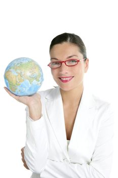 Blue global world map sphere in businesswoman hands over white