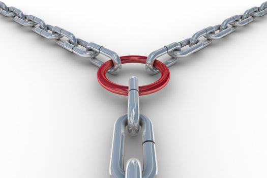 Chain fastened by a red ring. 3D image