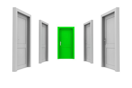abstract hallway with gray doors - one green door at the end of the corridor