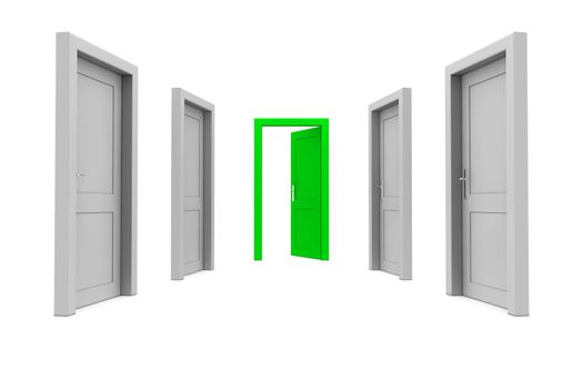 abstract hallway with gray doors - one green door open at the end of the corridor