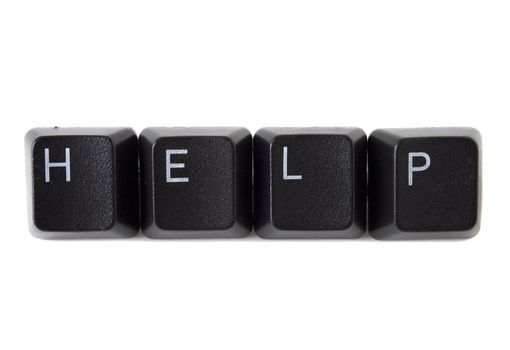 The word help spelled out with black keyboard keys