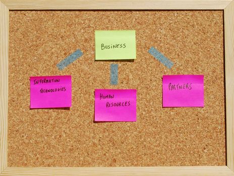 concept of a business organization on a cork board with post it notes