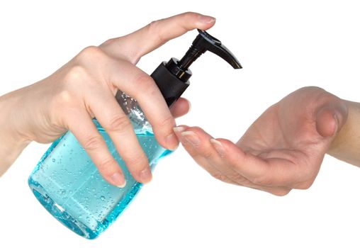 Lady applying a moisturizing hand sanitizer to dry hands