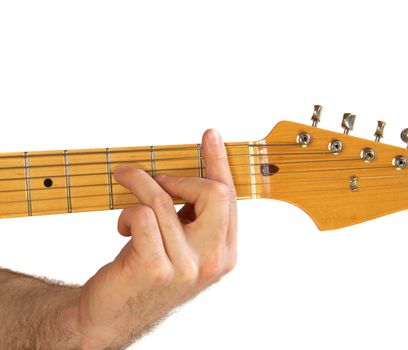 Demonstration of how to play a F chord on the guitar