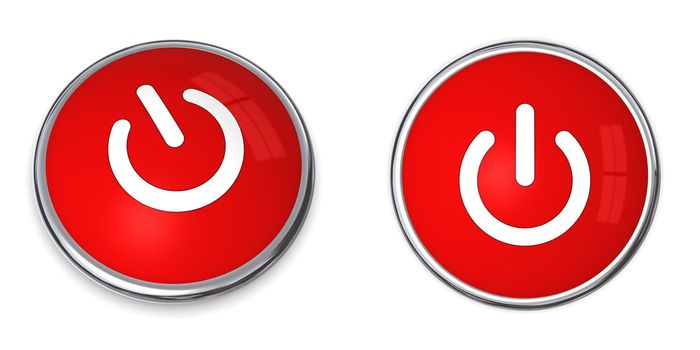 chrome brodered button with red background and power symbol