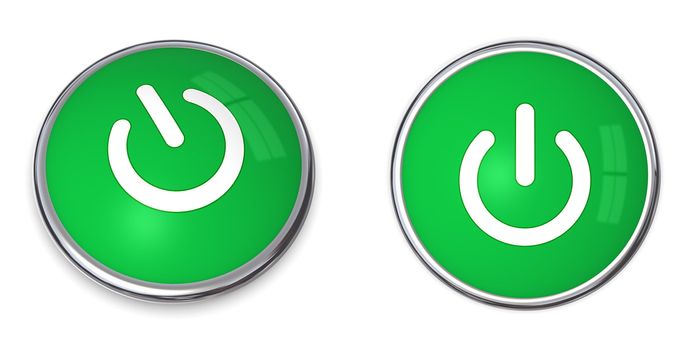 chrome brodered button with green background and power symbol