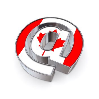 silver shiny chrome @-symbol on white background with Canada flag texture