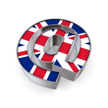 silver shiny chrome @-symbol on white background with United Kingdom flag texture