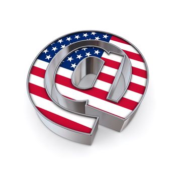 silver shiny chrome @-symbol on white background with United States of America flag texture