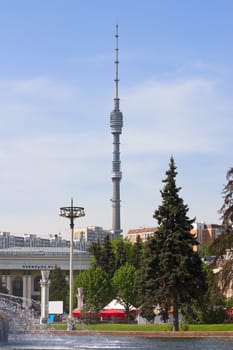 View of VDNKh  and  Ostankino Tower, Moscow, Russia.