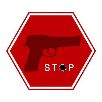 Isolated stop sign with am image of a gun and text