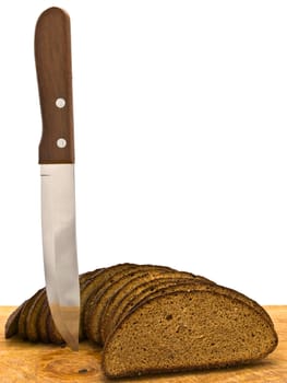 Photo of the slice bread and  knife at wooden broad against white background