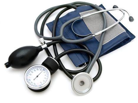 Photo of the  sphygmomanometer with stethoscope against the white background