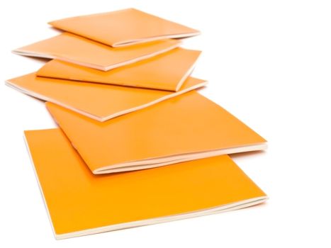 photo of the some orange brochures against the white background