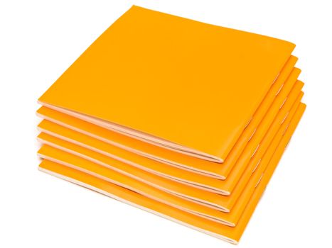 photo of the some orange booklets against the white background