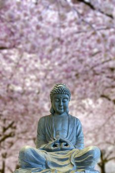 Sitting Full Body Meditating Bronze Buddha Statue with Cherry Blossom Trees