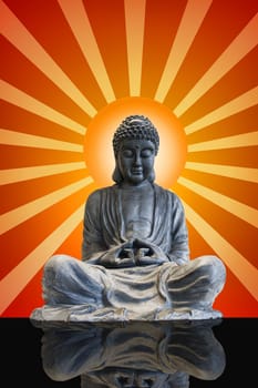 Sitting Full Body Meditating Bronze Buddha Statue with Sun Rays