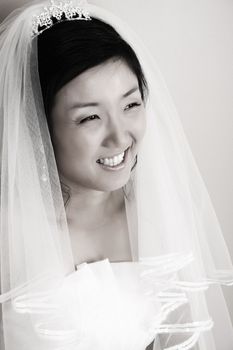 Beautiful Korean bride wearing a traditional wedding gown