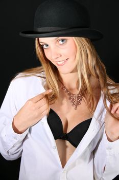 Beautiful young female model with blue eyes