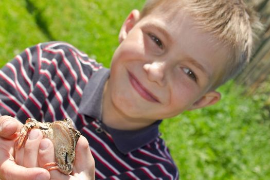 Portret of little smiling boy with tiny frog in hands  outdoors