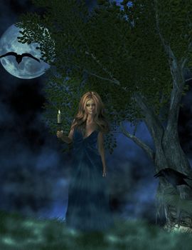 Blonde haired woman holding candle outside under a full moon.
