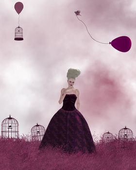 Woman standing in a pink field of grass with birdcages and balloons