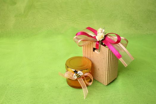 Small Honey Jar and brown gift bag with decorations