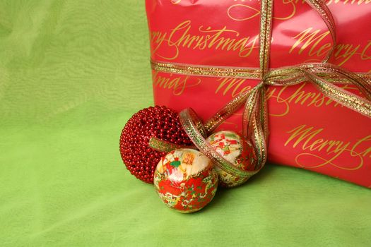 Brightly colored christmas gifts and decorations