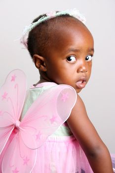 Toddler girl in a pink fairy costume with wings and head piece