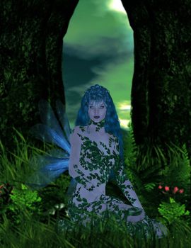 Blue fairy sitting in the forest